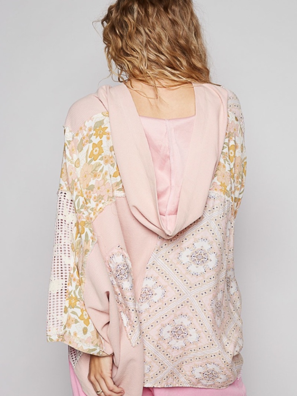 New POL Top Floral Panel Lace Half Placket Button Hoodie Oversized Top Shirt - Picture 4 of 5